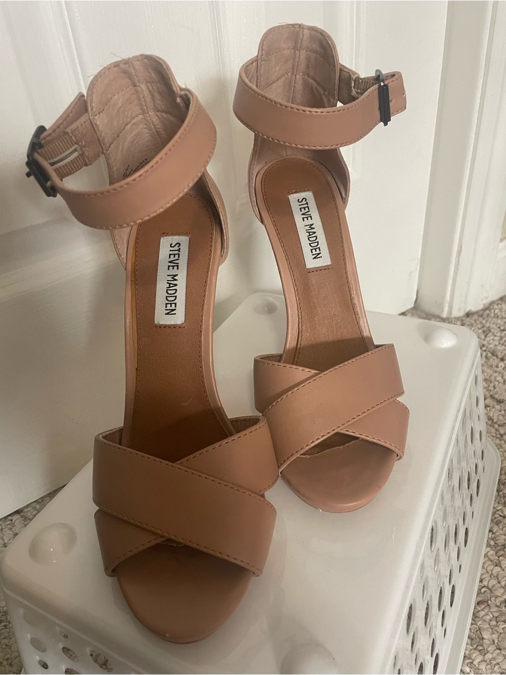 Steve Madden Mickey Nude/Tan Crisscross Ankle-Strap Heels